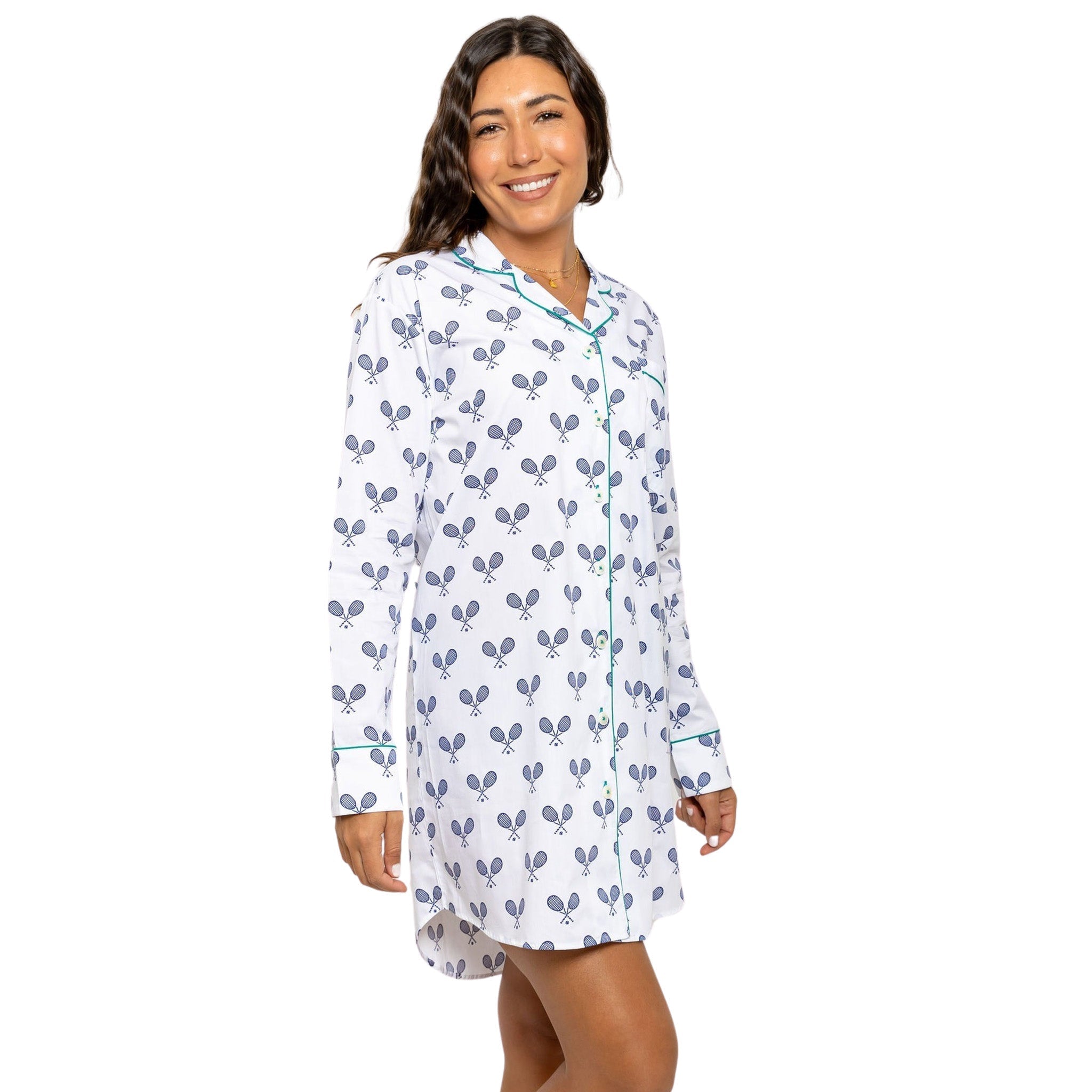Women's Tennis Navy Night Shirt - Organic Cotton Poplin - Che Cose Belle