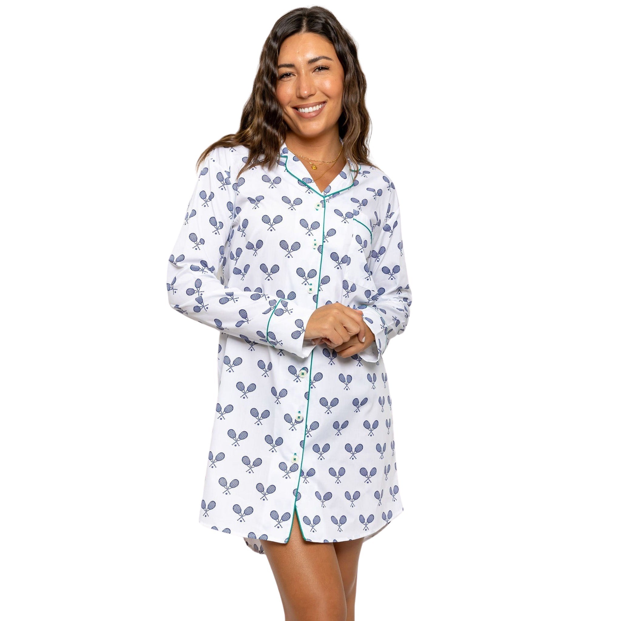 Women's Tennis Navy Night Shirt - Organic Cotton Poplin - Che Cose Belle
