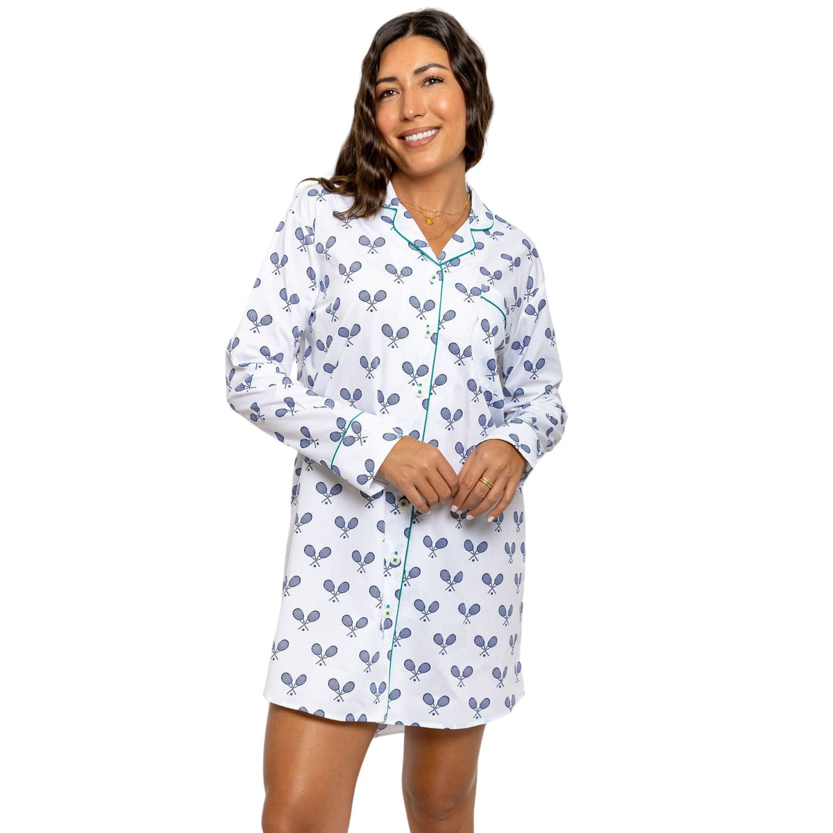 Women's Tennis Navy Night Shirt - Organic Cotton Poplin - Che Cose Belle