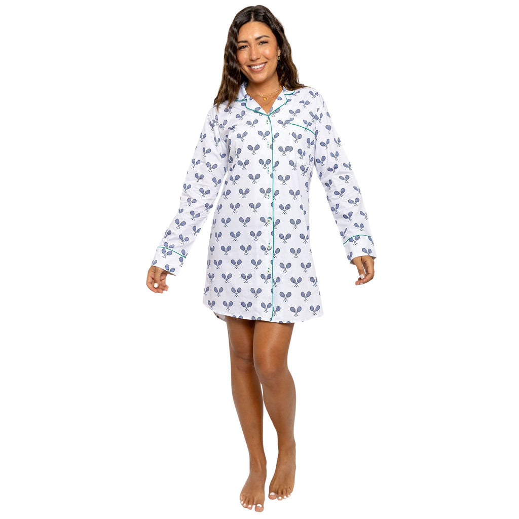 Women's Tennis Navy Night Shirt - Organic Cotton Poplin - Che Cose Belle