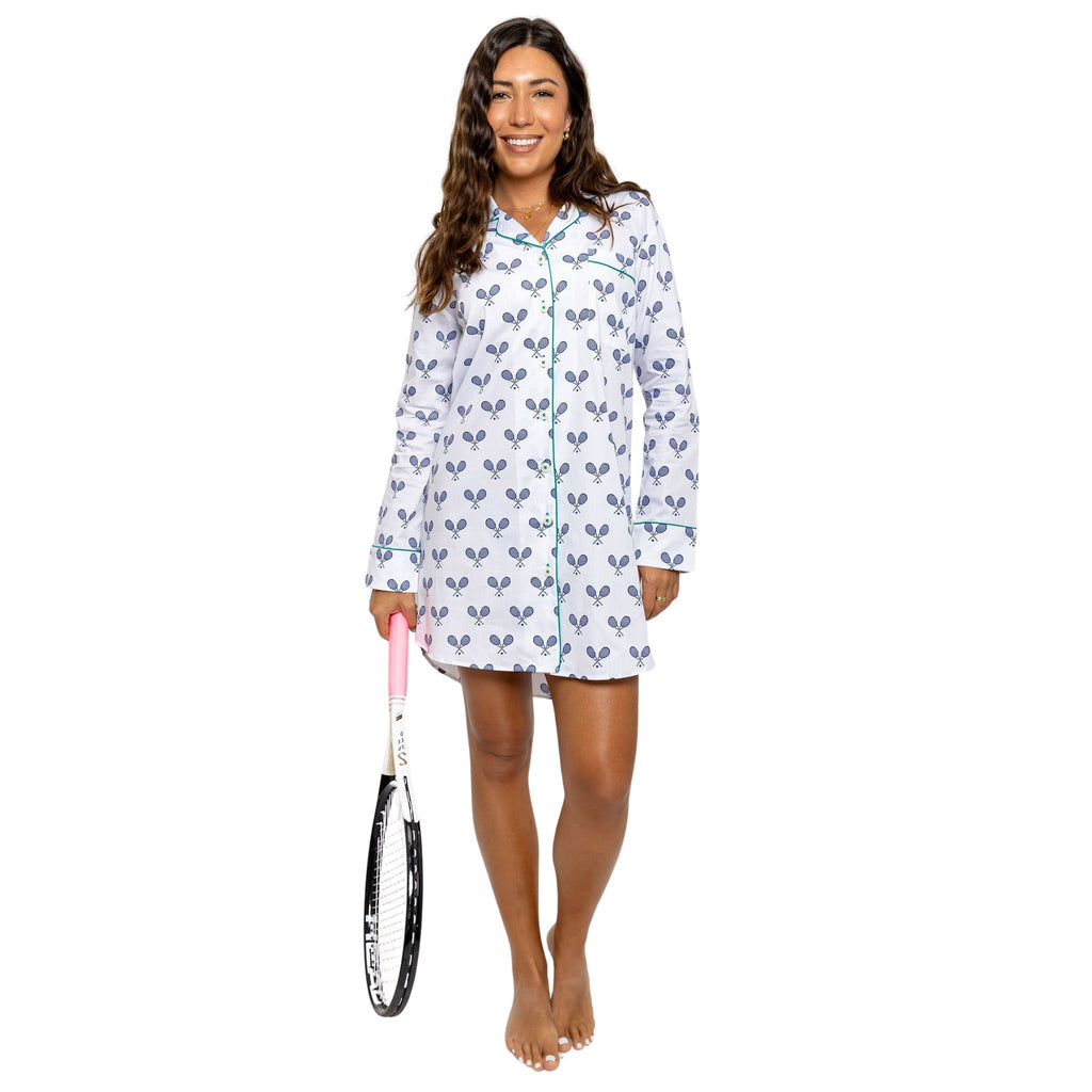 Women's Tennis Navy Night Shirt - Organic Cotton Poplin - Che Cose Belle