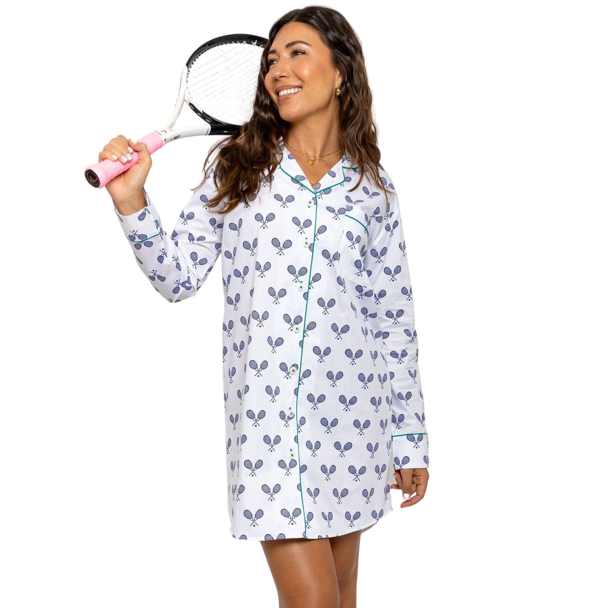 Women's Tennis Navy Night Shirt - Organic Cotton Poplin - Che Cose Belle