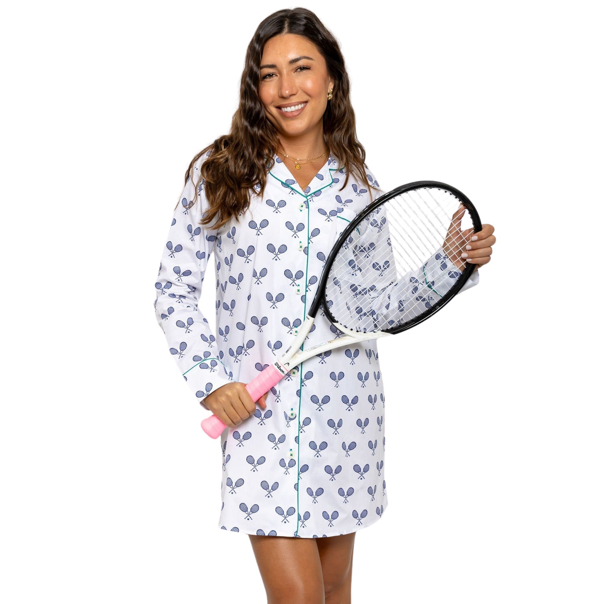 Women's Tennis Navy Night Shirt - Organic Cotton Poplin - Che Cose Belle