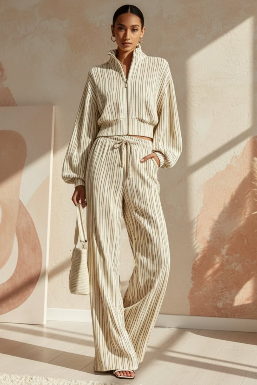 Women's Textured Woven-Stripe Puff-Sleeve Zip Jacket & Wide-Leg Pants Set - Che Cose Belle