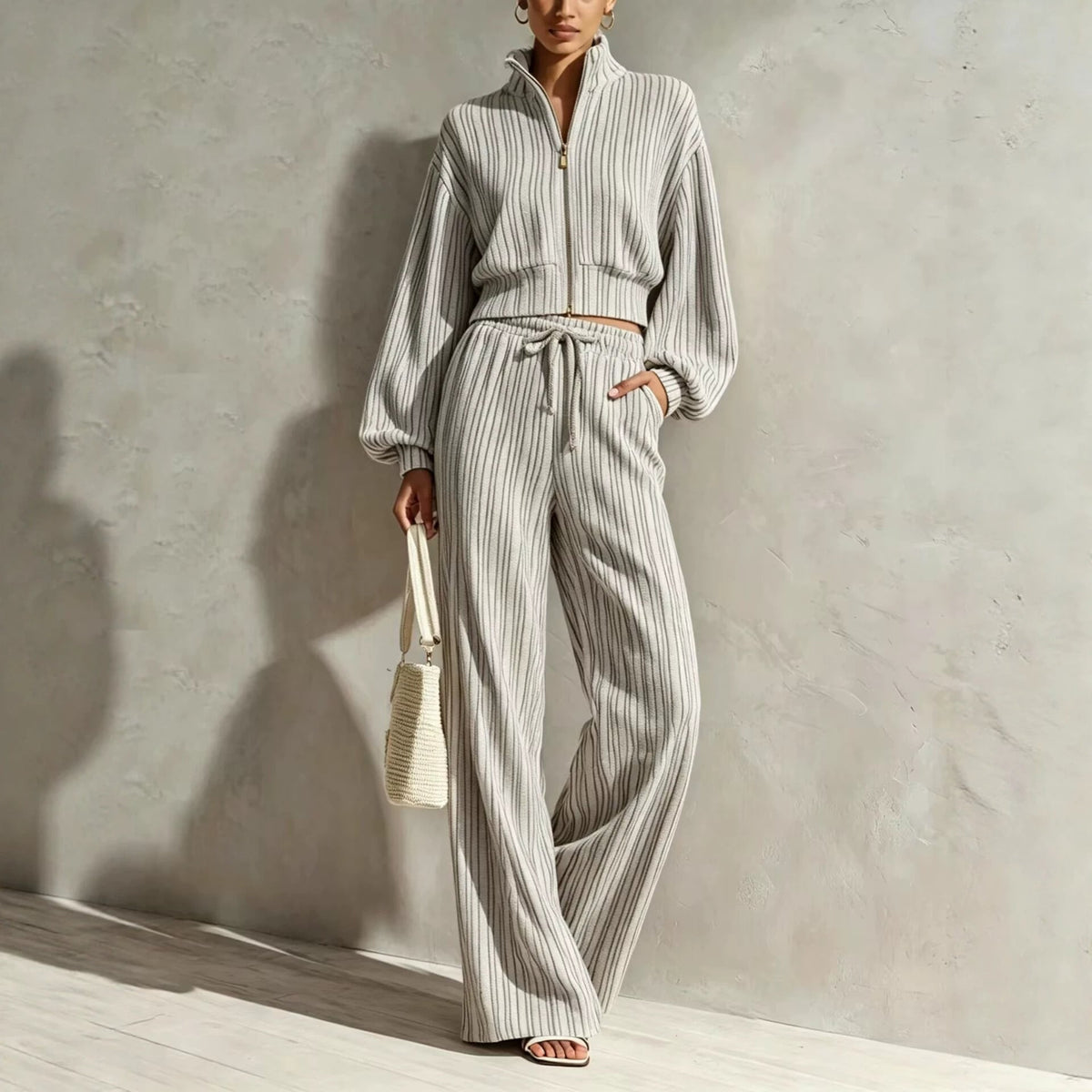 Women's Textured Woven-Stripe Puff-Sleeve Zip Jacket & Wide-Leg Pants Set - Che Cose Belle