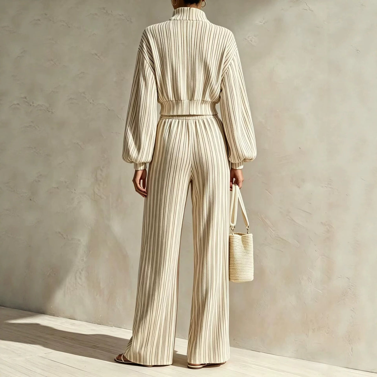 Women's Textured Woven-Stripe Puff-Sleeve Zip Jacket & Wide-Leg Pants Set - Che Cose Belle