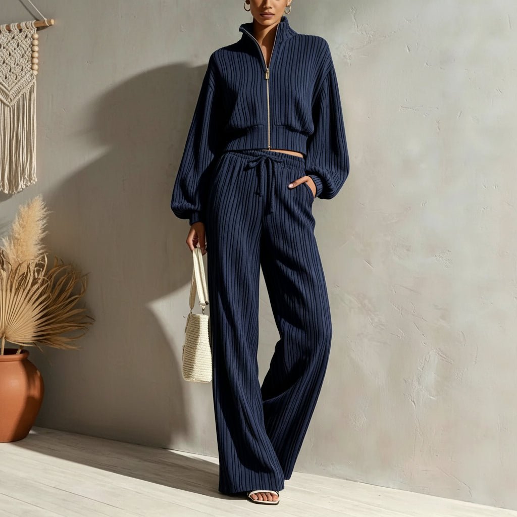 Women's Textured Woven-Stripe Puff-Sleeve Zip Jacket & Wide-Leg Pants Set - Che Cose Belle