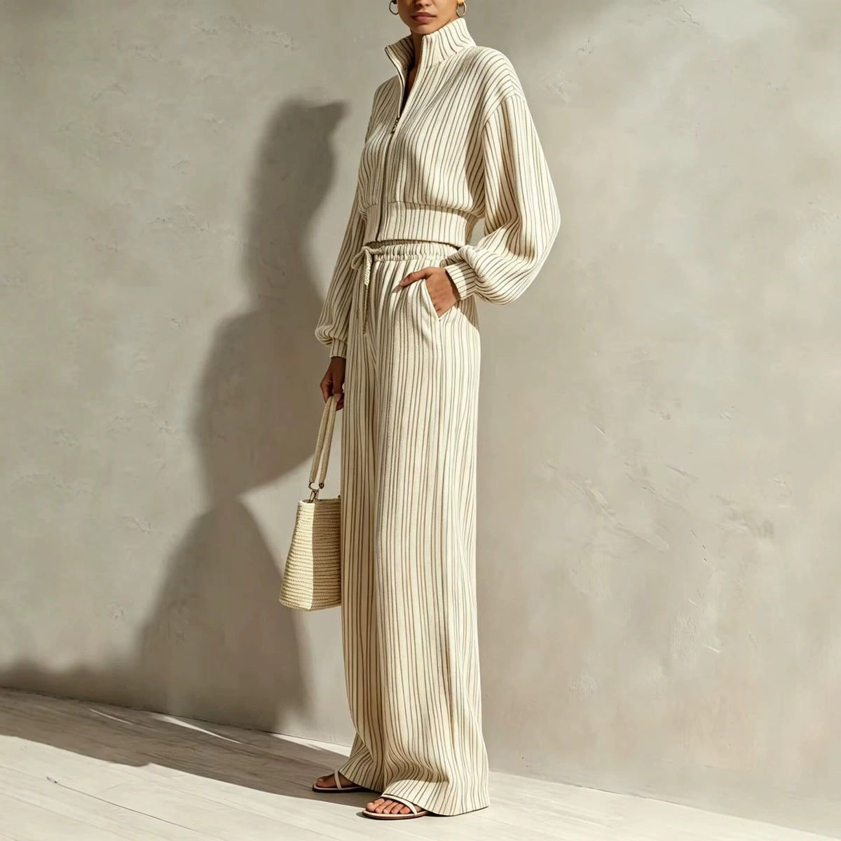 Women's Textured Woven-Stripe Puff-Sleeve Zip Jacket & Wide-Leg Pants Set - Che Cose Belle