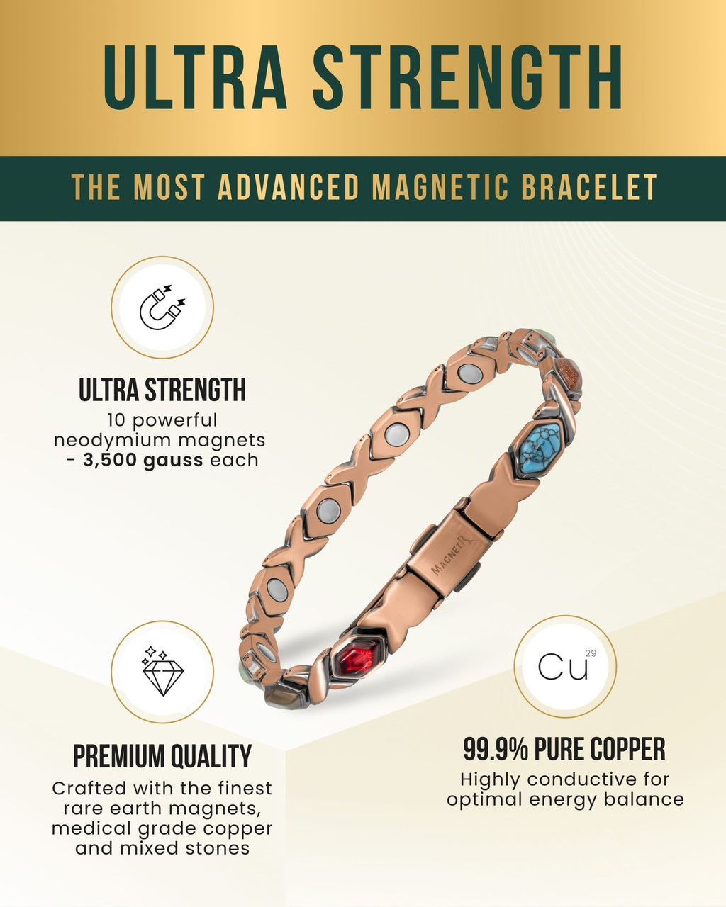 Women's Ultra Strength Pure Copper Magnetic Bracelet (Mixed Stones) - Che Cose Belle