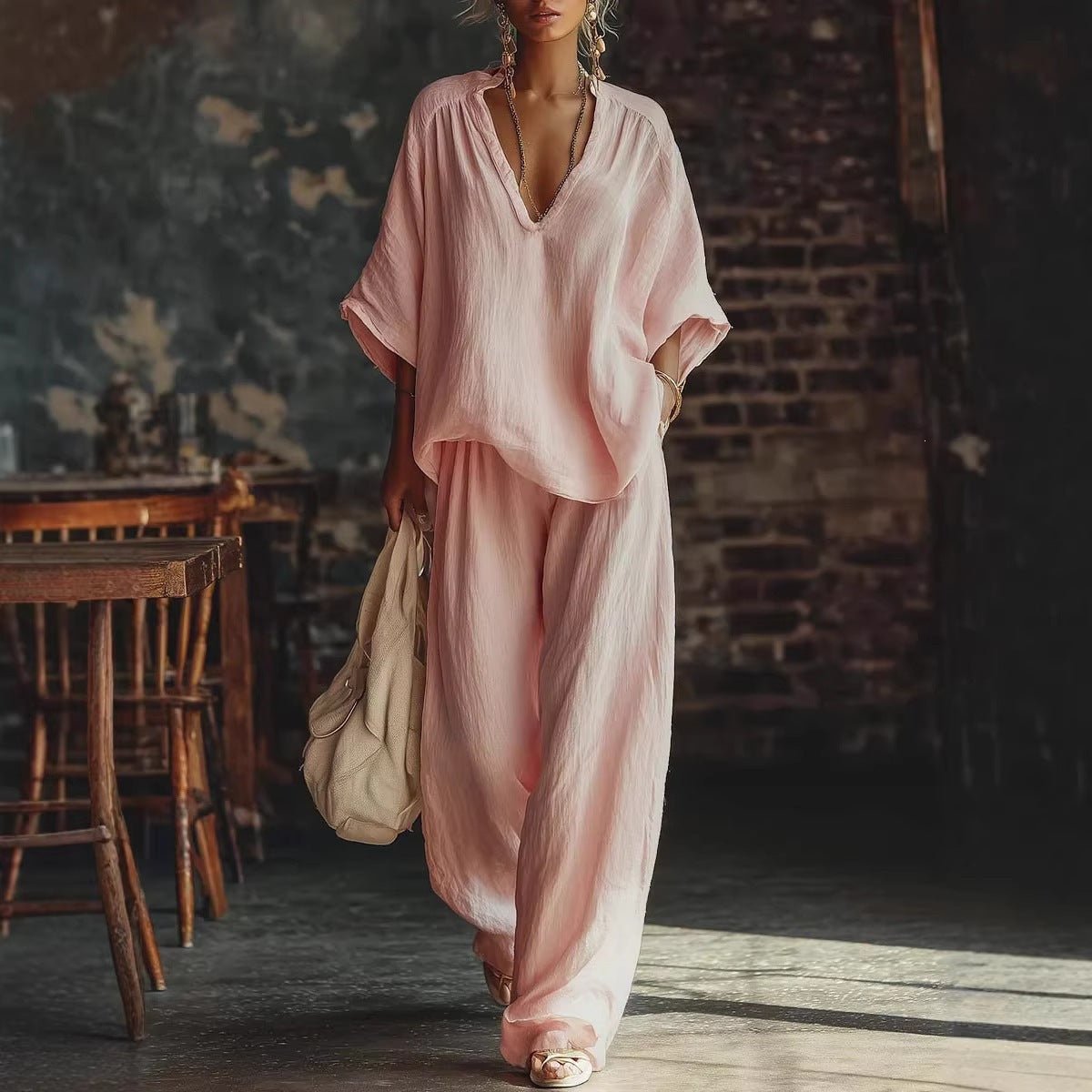 Women's V-Neck Loose Short-Sleeve Top & Pants Two-Piece Set - Che Cose Belle
