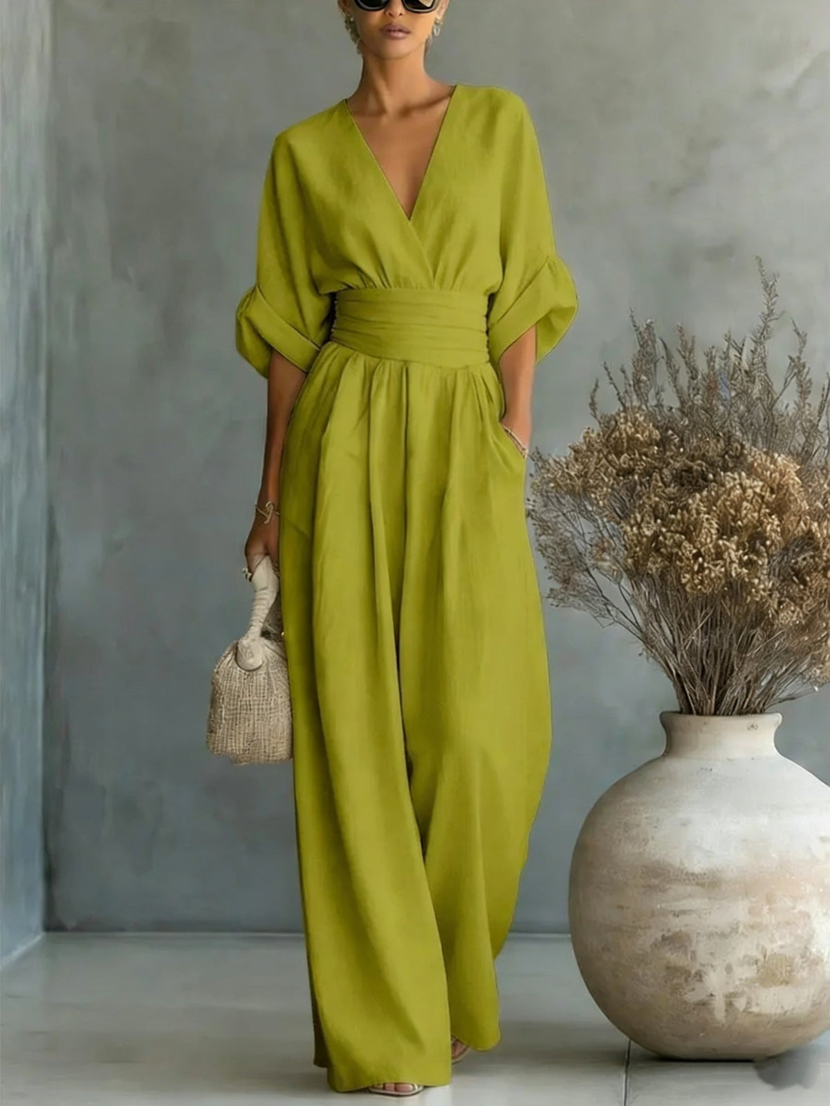 Women's V-Neck Wide-Leg Jumpsuit – High Waist Pleated Elegant - Che Cose Belle