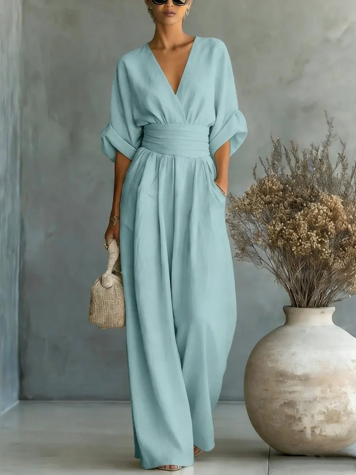 Women's V-Neck Wide-Leg Jumpsuit – High Waist Pleated Elegant - Che Cose Belle