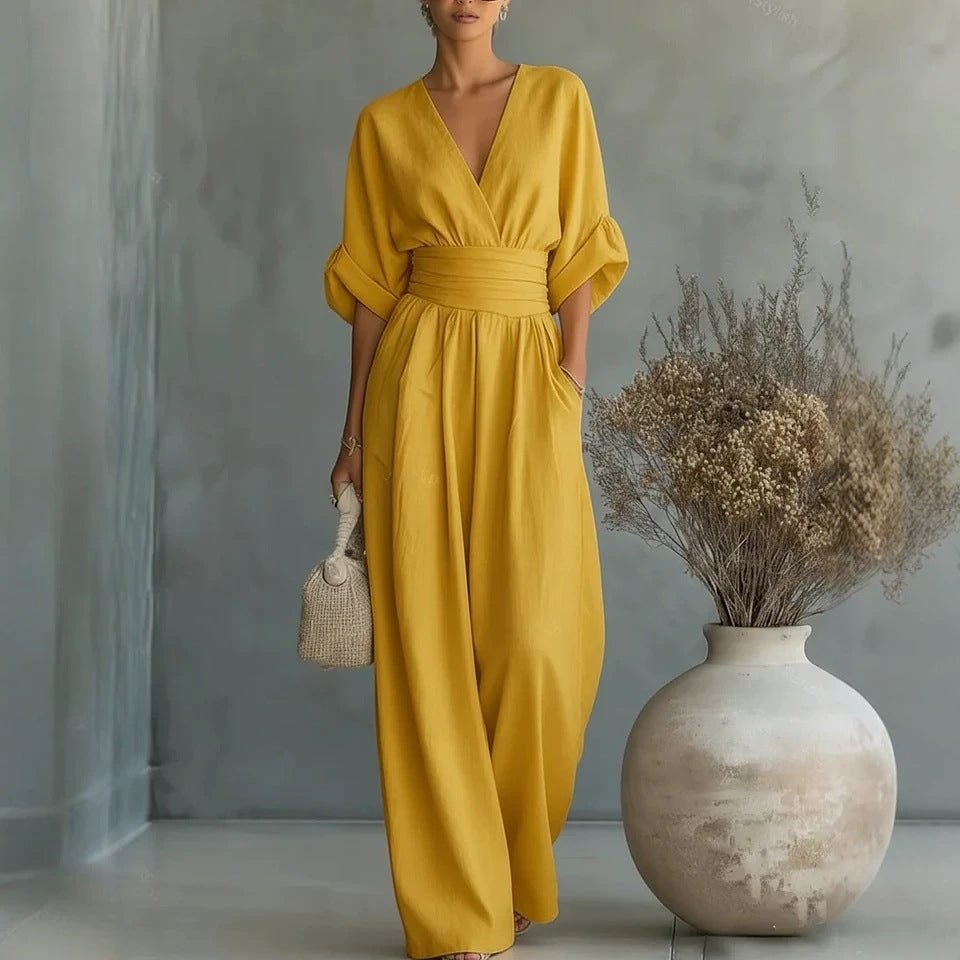 Women's V-Neck Wide-Leg Jumpsuit – High Waist Pleated Elegant - Che Cose Belle