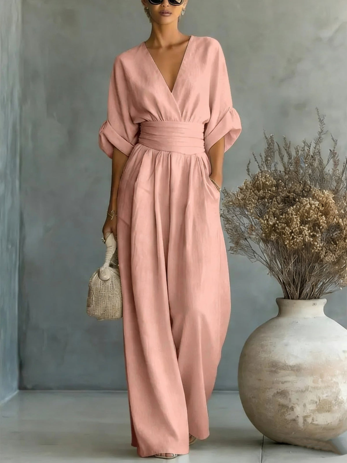Women's V-Neck Wide-Leg Jumpsuit – High Waist Pleated Elegant - Che Cose Belle
