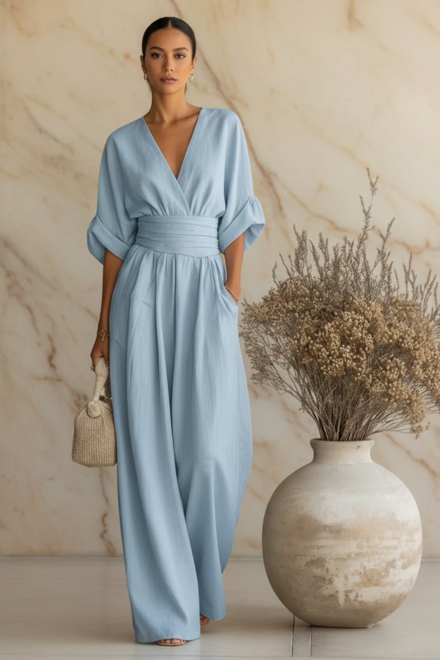 Women's V-Neck Wide-Leg Jumpsuit – High Waist Pleated Elegant - Che Cose Belle