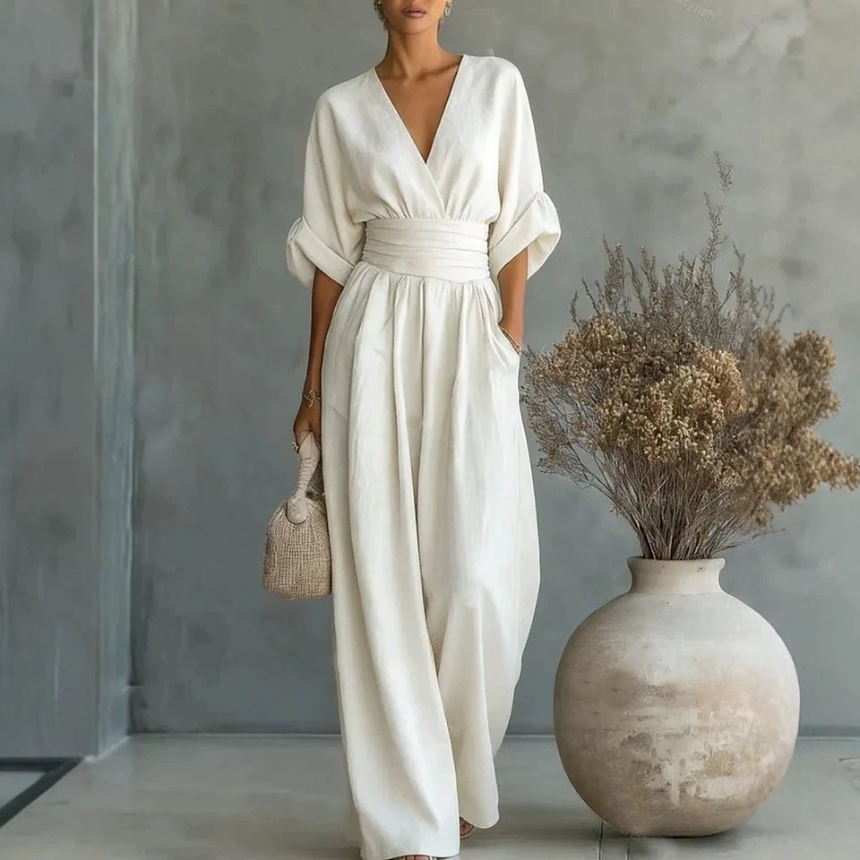 Women's V-Neck Wide-Leg Jumpsuit – High Waist Pleated Elegant - Che Cose Belle
