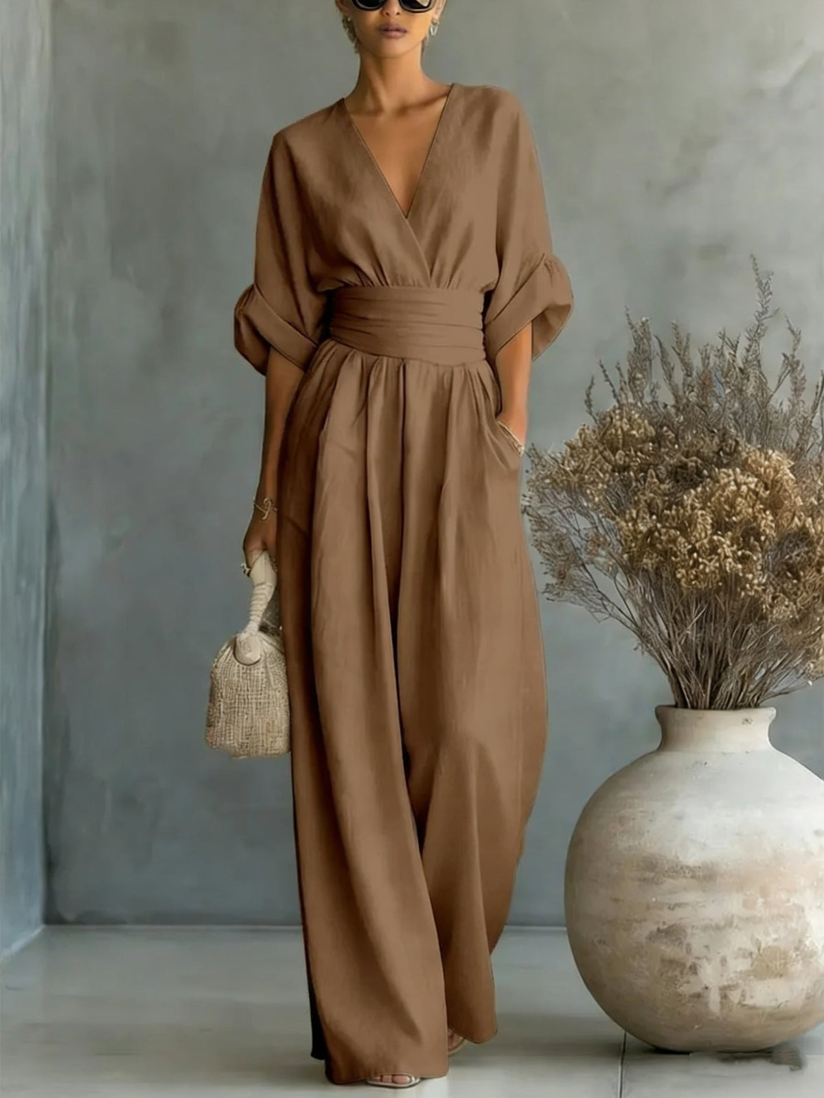 Women's V-Neck Wide-Leg Jumpsuit – High Waist Pleated Elegant - Che Cose Belle