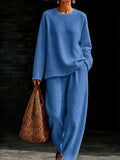 Women's Waffle Knit Oversized Crew-Neck Pullover & Relaxed Wide-Leg Trouser Lounge Co-ord Set - Che Cose Belle