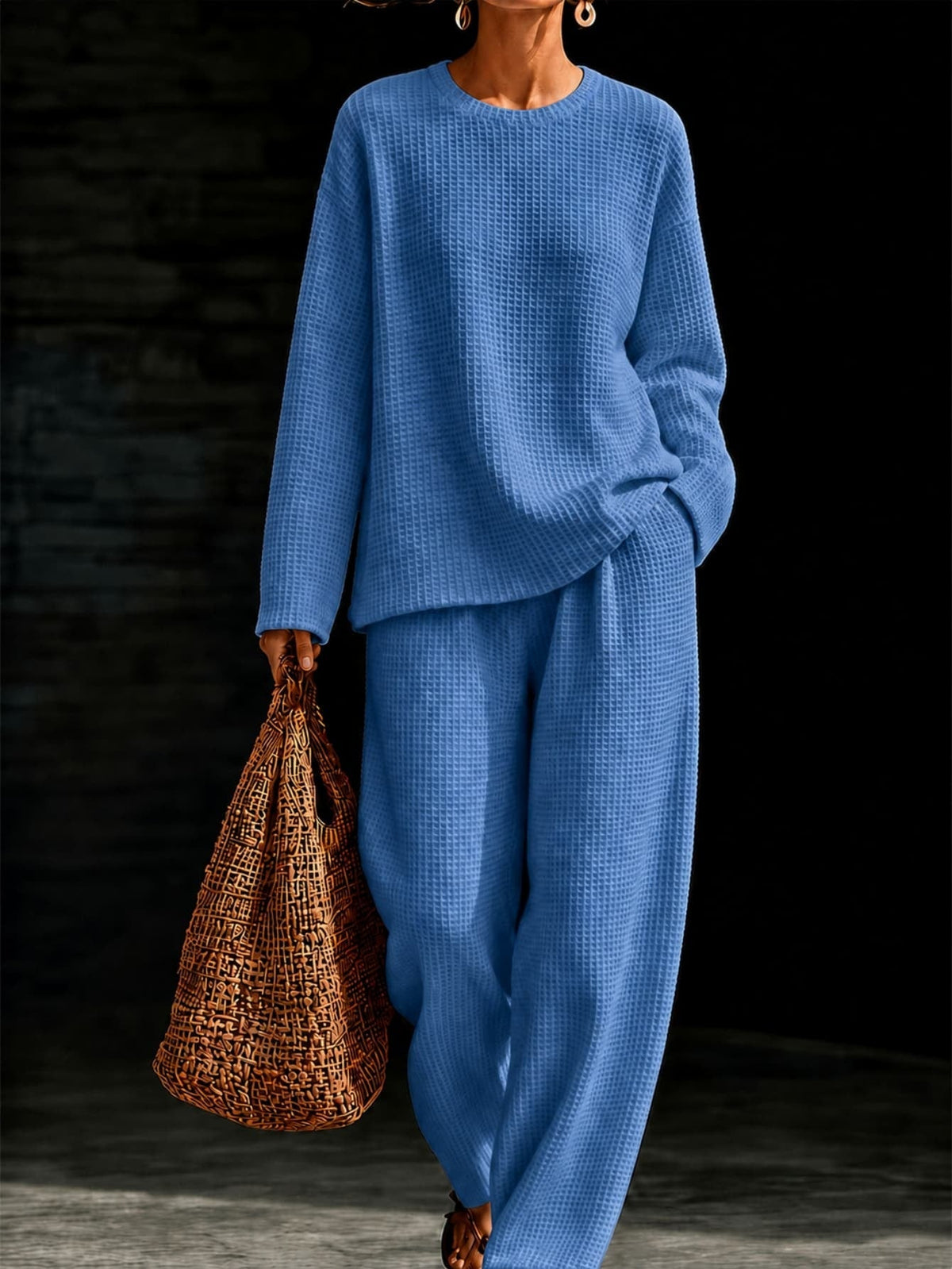 Women's Waffle Knit Oversized Crew-Neck Pullover & Relaxed Wide-Leg Trouser Lounge Co-ord Set - Che Cose Belle