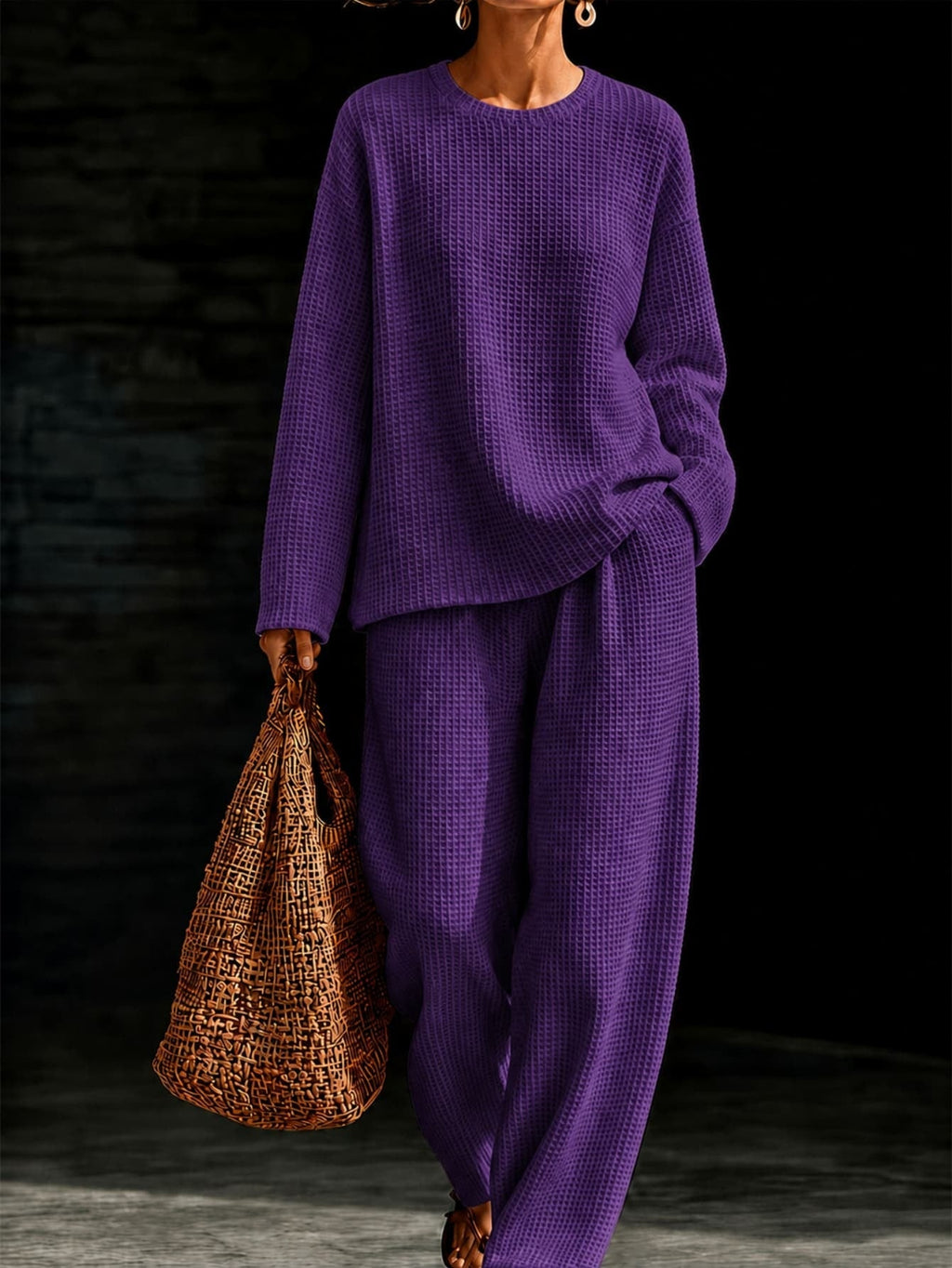 Women's Waffle Knit Oversized Crew-Neck Pullover & Relaxed Wide-Leg Trouser Lounge Co-ord Set - Che Cose Belle