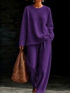 Women's Waffle Knit Oversized Crew-Neck Pullover & Relaxed Wide-Leg Trouser Lounge Co-ord Set - Che Cose Belle