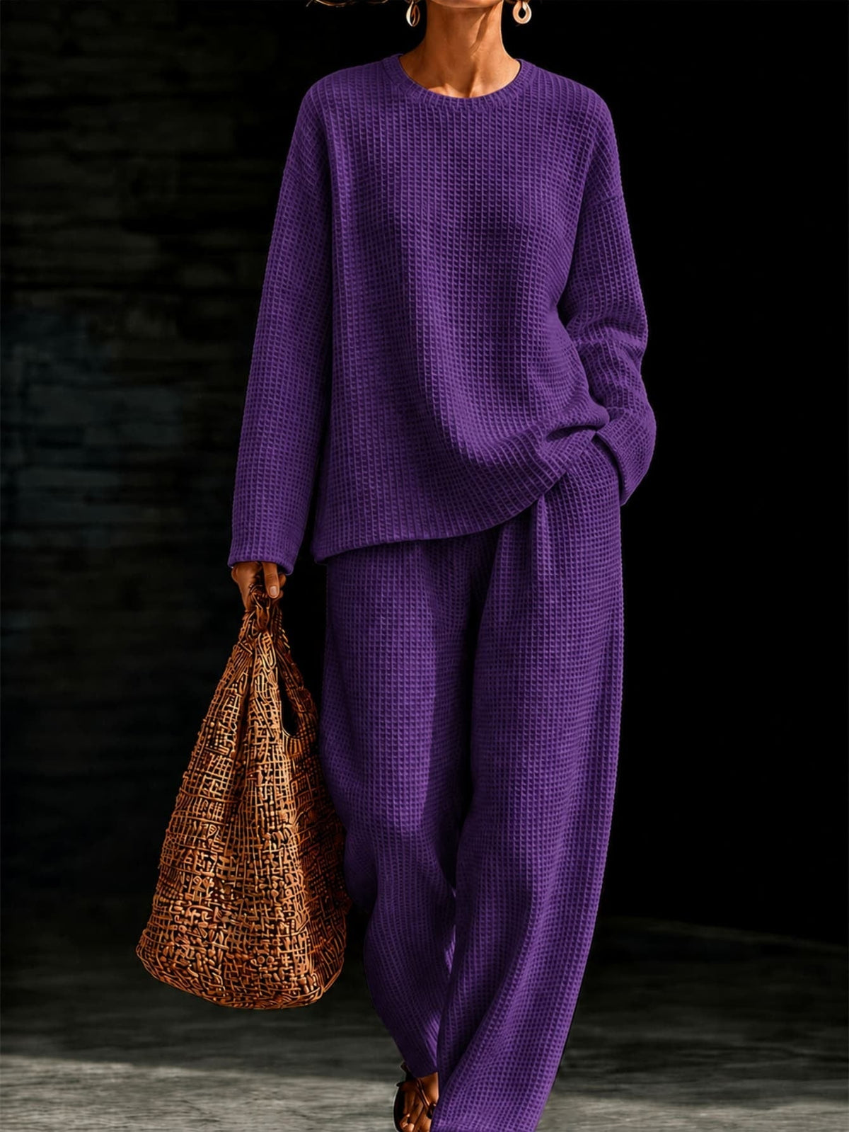 Women's Waffle Knit Oversized Crew-Neck Pullover & Relaxed Wide-Leg Trouser Lounge Co-ord Set - Che Cose Belle