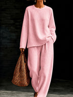 Women's Waffle Knit Oversized Crew-Neck Pullover & Relaxed Wide-Leg Trouser Lounge Co-ord Set - Che Cose Belle
