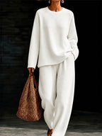 Women's Waffle Knit Oversized Crew-Neck Pullover & Relaxed Wide-Leg Trouser Lounge Co-ord Set - Che Cose Belle