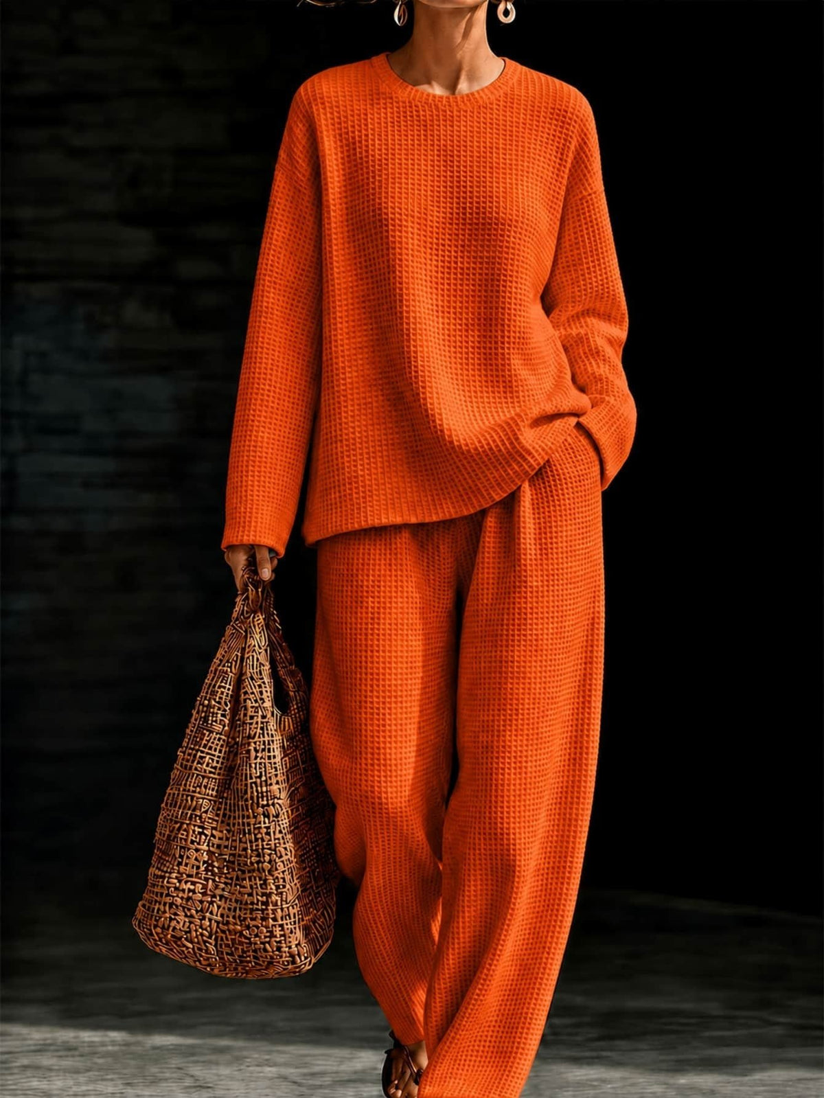 Women's Waffle Knit Oversized Crew-Neck Pullover & Relaxed Wide-Leg Trouser Lounge Co-ord Set - Che Cose Belle