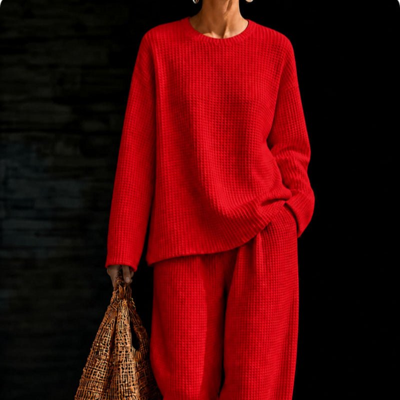 Women's Waffle Knit Oversized Crew-Neck Pullover & Relaxed Wide-Leg Trouser Lounge Co-ord Set - Che Cose Belle