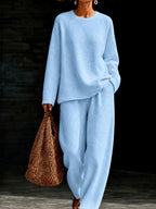 Women's Waffle Knit Oversized Crew-Neck Pullover & Relaxed Wide-Leg Trouser Lounge Co-ord Set - Che Cose Belle