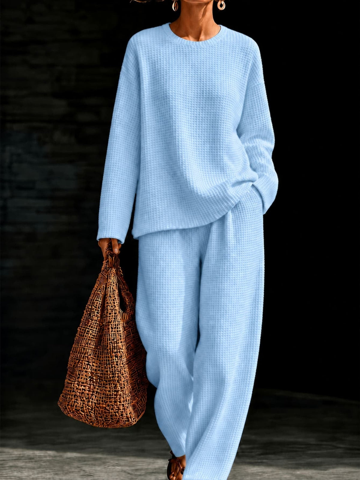 Women's Waffle Knit Oversized Crew-Neck Pullover & Relaxed Wide-Leg Trouser Lounge Co-ord Set - Che Cose Belle