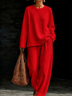 Women's Waffle Knit Oversized Crew-Neck Pullover & Relaxed Wide-Leg Trouser Lounge Co-ord Set - Che Cose Belle