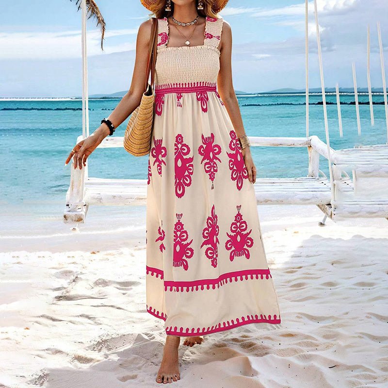 Women's Wide-Strap Printed Maxi Dress – Smocked Bodice & Tassel Waist - Che Cose Belle