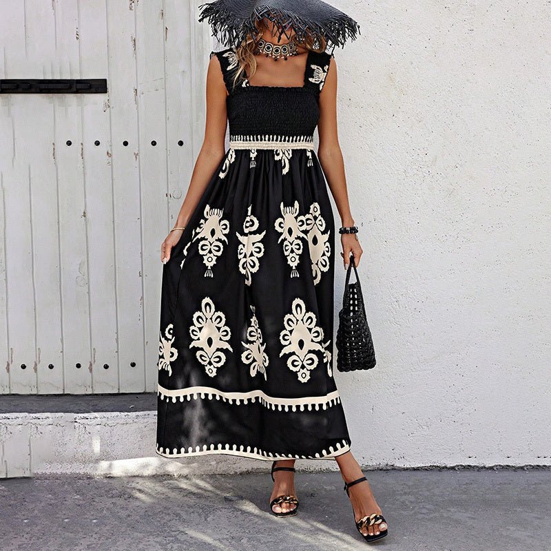 Women's Wide-Strap Printed Maxi Dress – Smocked Bodice & Tassel Waist - Che Cose Belle