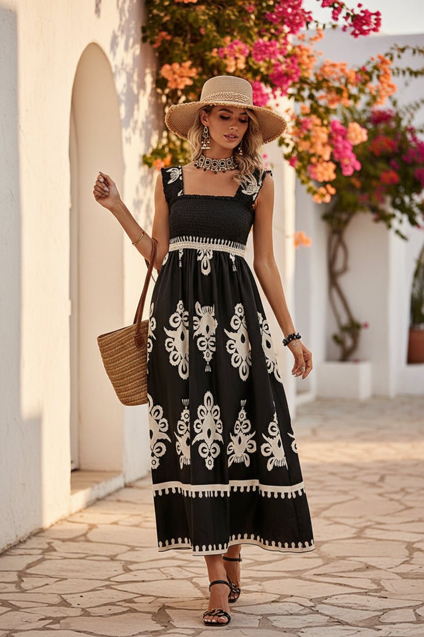 Women's Wide-Strap Printed Maxi Dress – Smocked Bodice & Tassel Waist - Che Cose Belle