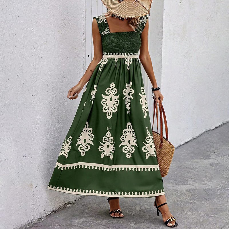 Women's Wide-Strap Printed Maxi Dress – Smocked Bodice & Tassel Waist - Che Cose Belle