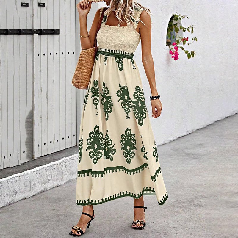 Women's Wide-Strap Printed Maxi Dress – Smocked Bodice & Tassel Waist - Che Cose Belle
