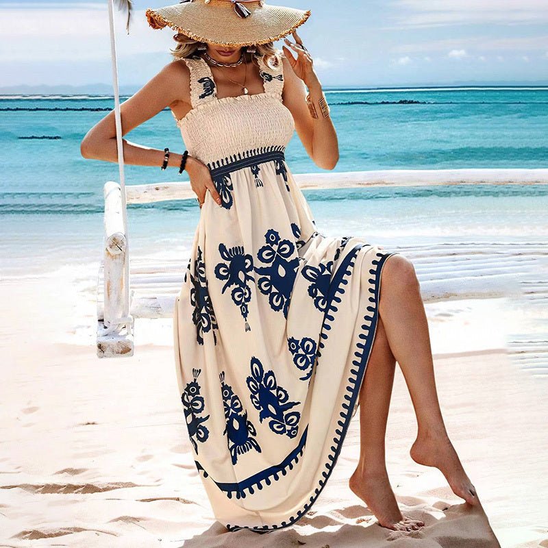Women's Wide-Strap Printed Maxi Dress – Smocked Bodice & Tassel Waist - Che Cose Belle