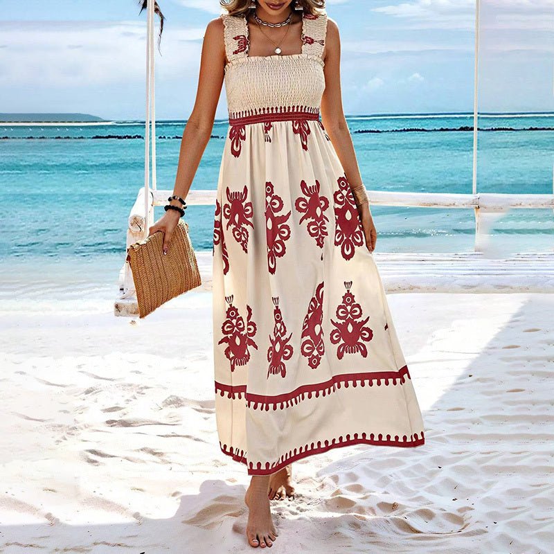 Women's Wide-Strap Printed Maxi Dress – Smocked Bodice & Tassel Waist - Che Cose Belle