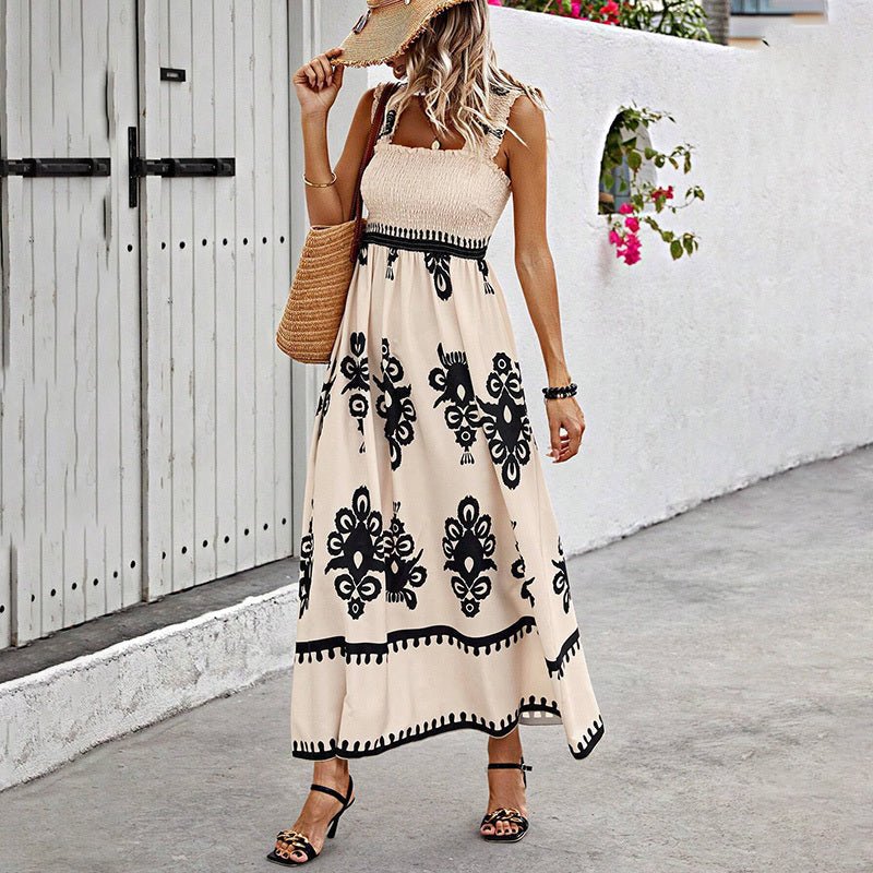 Women's Wide-Strap Printed Maxi Dress – Smocked Bodice & Tassel Waist - Che Cose Belle