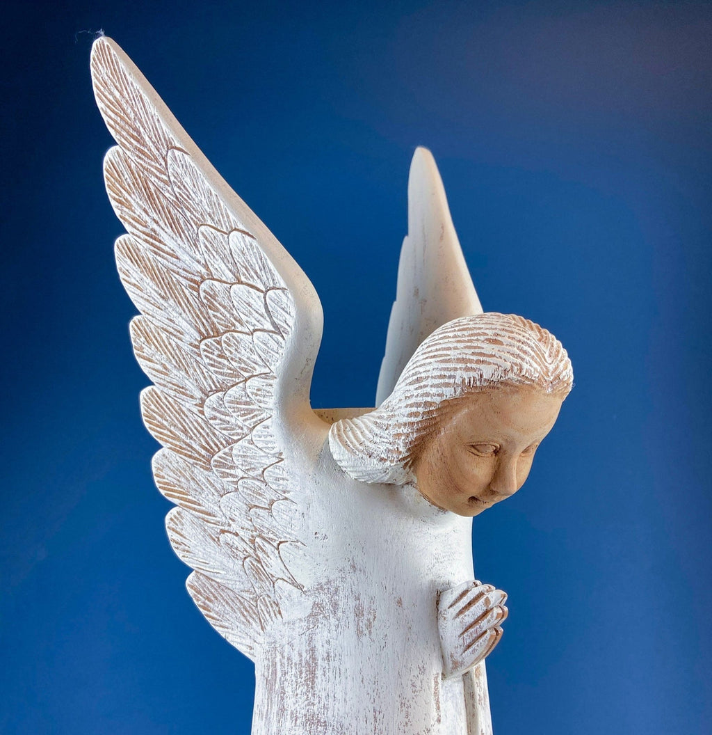 Wooden Hand Carved Angel Figurine. Large Limited Edition, 15, Angel Statue. Stunning Sculpute of Praying Angel. Candle Holder or Art. - Che Cose Belle