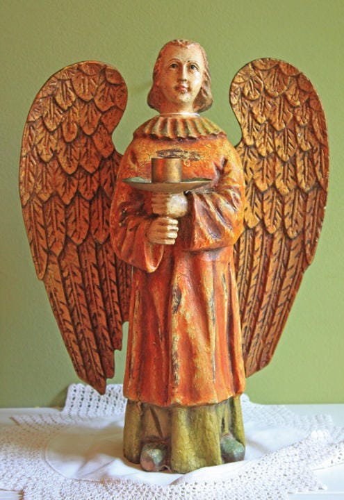 Wooden Hand Carved Angel Figurine. Large Limited Edition, 15, Angel Statue. Stunning Sculpute of Praying Angel. Candle Holder or Art. - Che Cose Belle