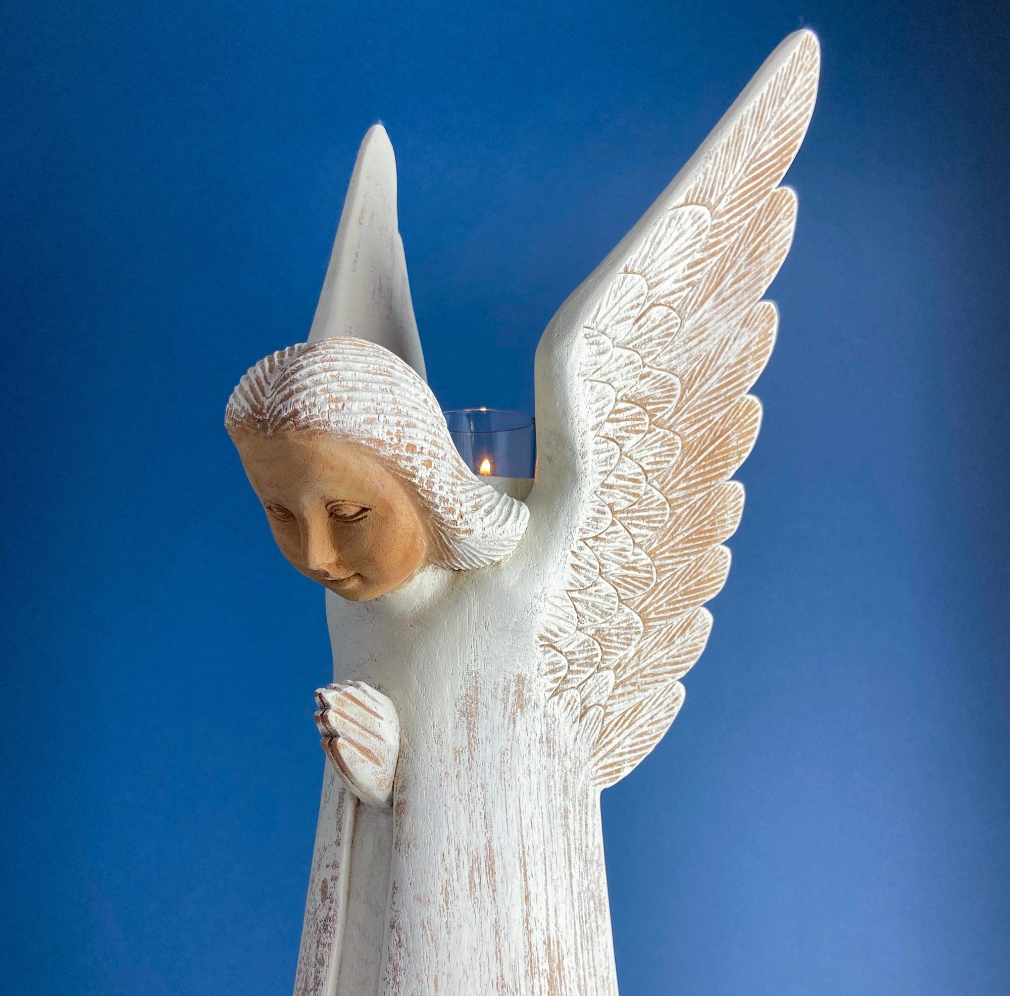 Wooden Hand Carved Angel Figurine. Large Limited Edition, 15, Angel Statue. Stunning Sculpute of Praying Angel. Candle Holder or Art. - Che Cose Belle