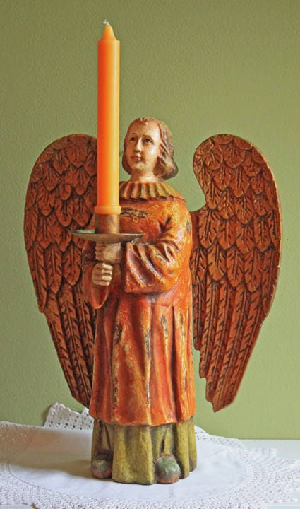 Wooden Hand Carved Angel Figurine. Large Limited Edition, 15, Angel Statue. Stunning Sculpute of Praying Angel. Candle Holder or Art. - Che Cose Belle
