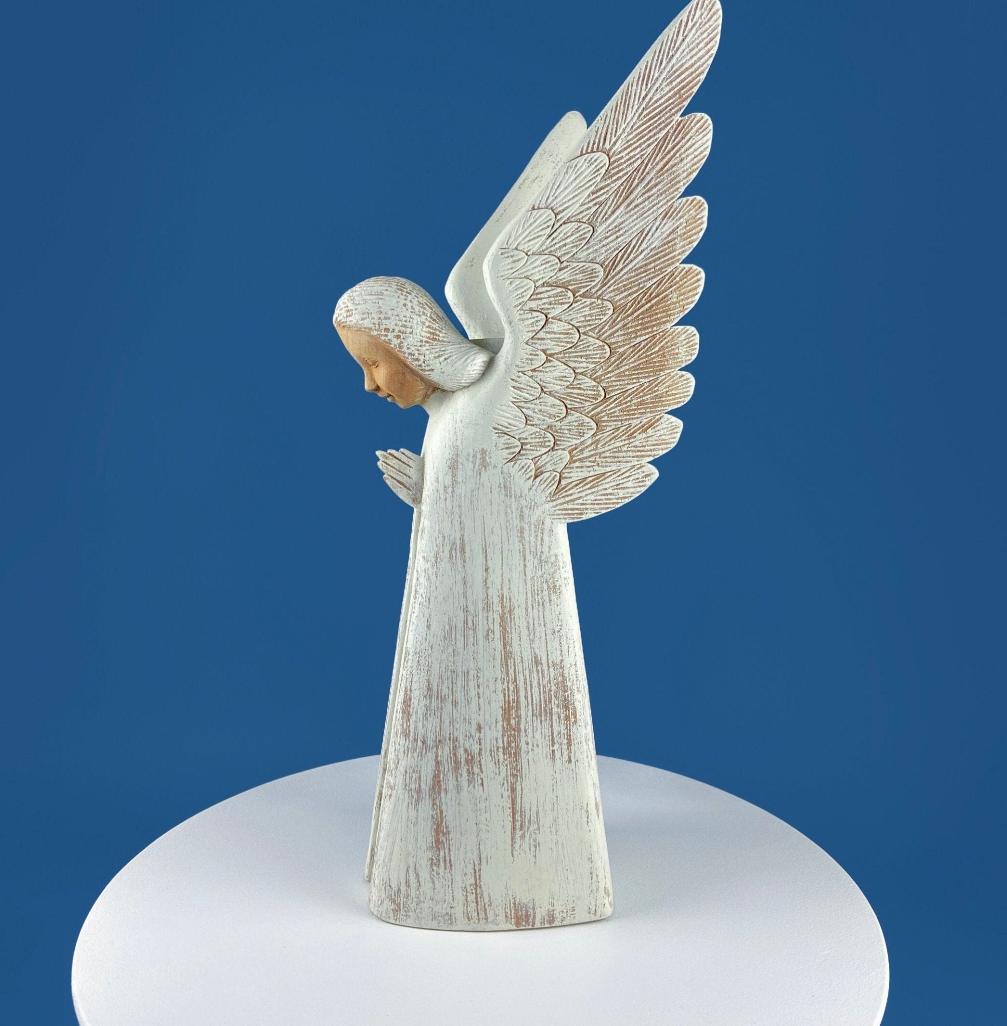 Wooden Hand Carved Angel Figurine. Large Limited Edition, 15, Angel Statue. Stunning Sculpute of Praying Angel. Candle Holder or Art. - Che Cose Belle