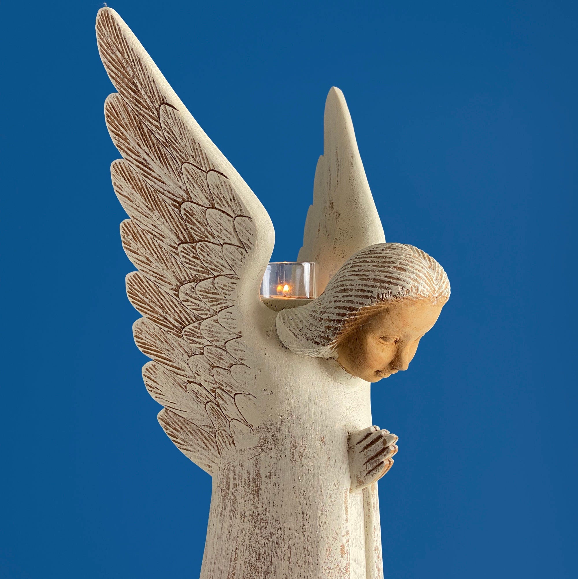 Wooden Hand Carved Angel Figurine. Large Limited Edition, 15, Angel Statue. Stunning Sculpute of Praying Angel. Candle Holder or Art. - Che Cose Belle