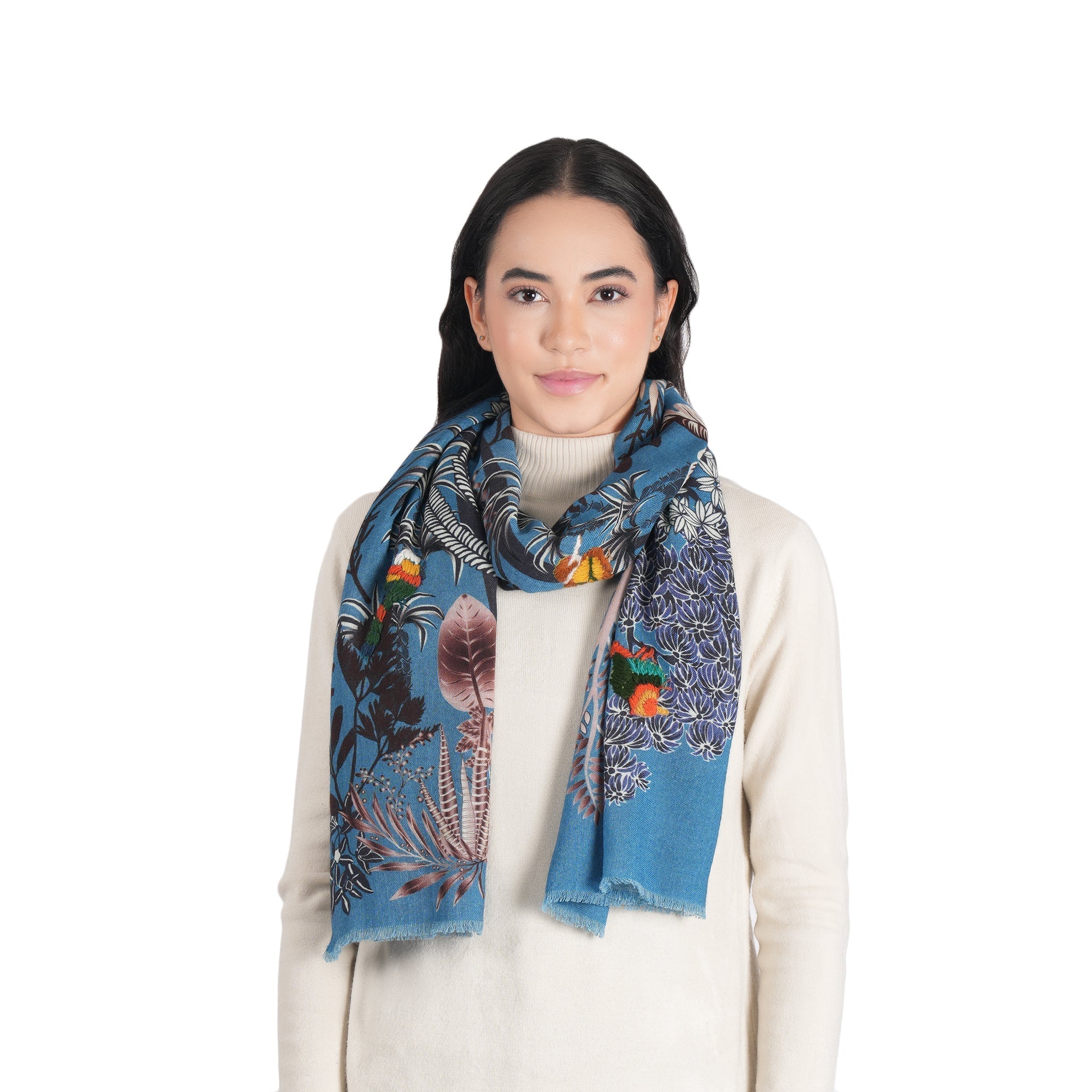 Woodland Embroidered Wool Scarf - Lapis Blue - Che Cose Belle