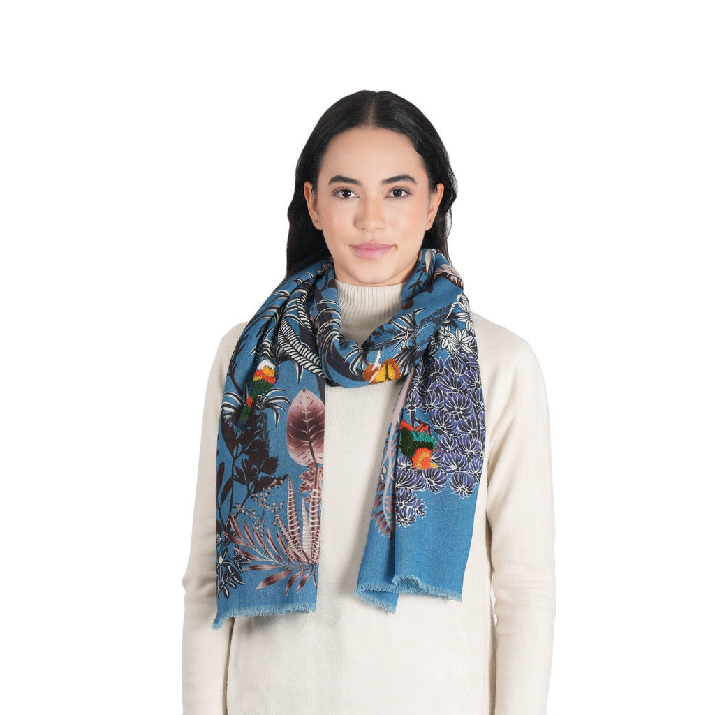 Woodland Embroidered Wool Scarf - Lapis Blue - Che Cose Belle