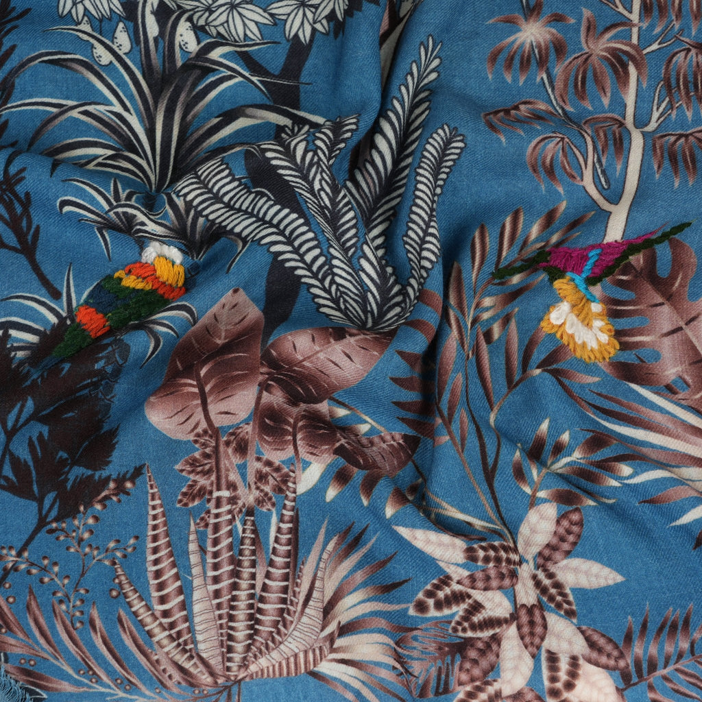 Woodland Embroidered Wool Scarf - Lapis Blue - Che Cose Belle